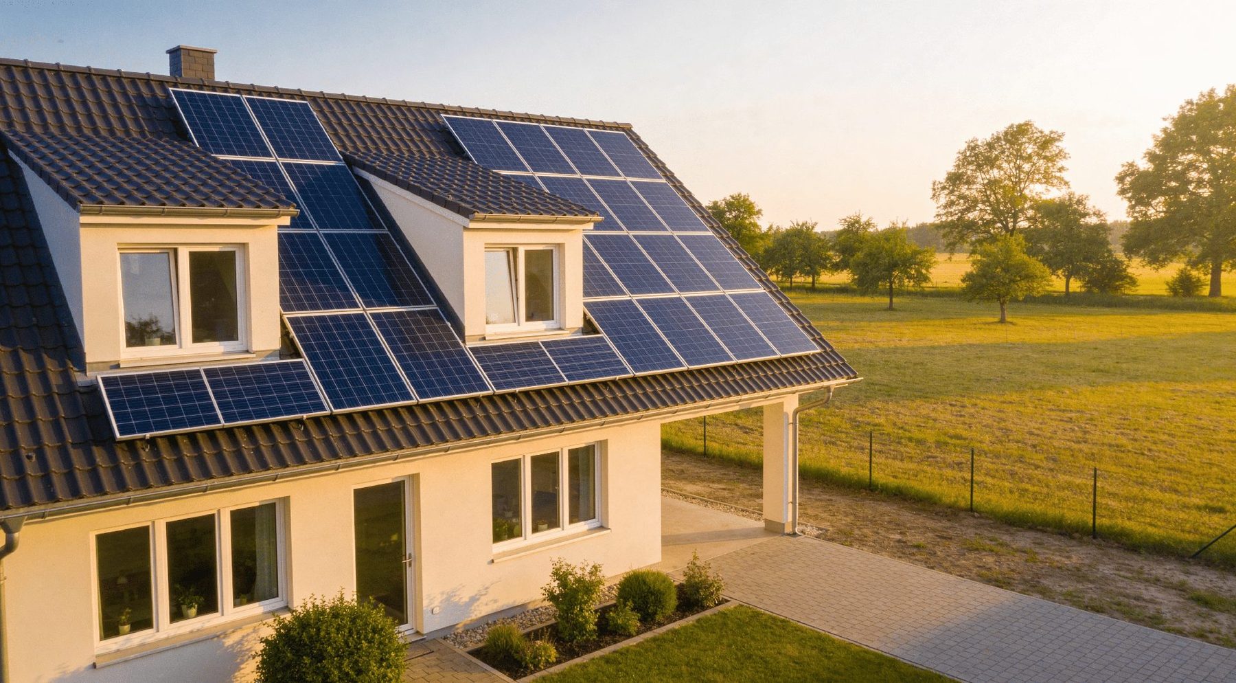 Einfamilienhaus mit Photovoltaikanlage — KI-generiertes Bild