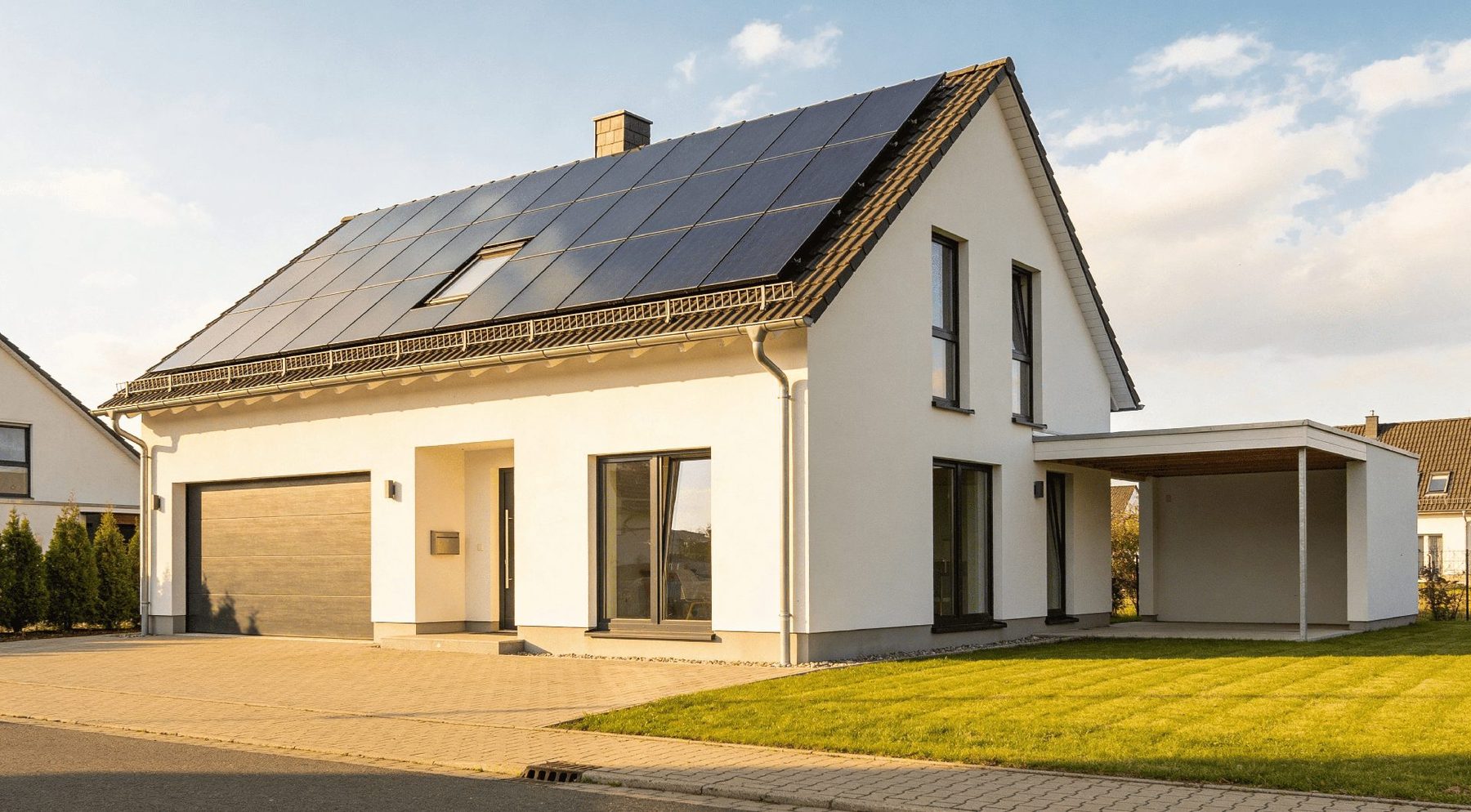 Einfamilienhaus mit Photovoltaikanlage — KI-generiertes Bild