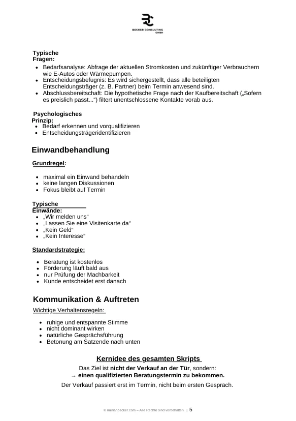 Seite 4 des Skripts: Gesprächseröffnung, Terminvereinbarung, Kontaktdaten